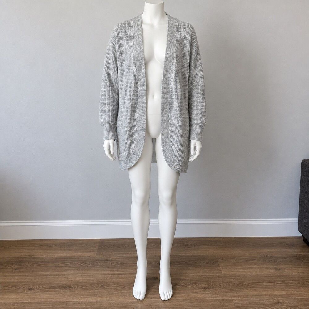 Jessica Simpson Women’s L Gray Waffle Knit Open Front Cardigan Long Cozy Pockets